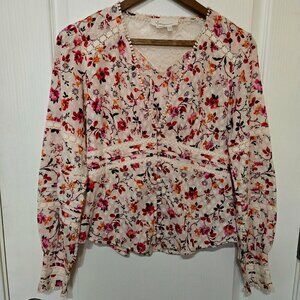 Anthropologie Floral Lace-Trimmed Long Sleeve Boho Blouse With Button Details Li